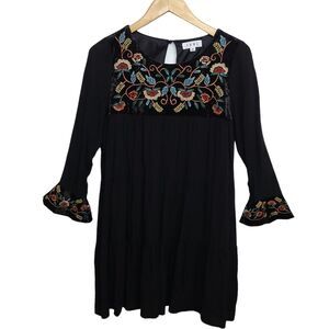 THML Black Tiered Floral Velvet Embroidered Mini Dress/Tunic Women's SZ XS‎ Boho